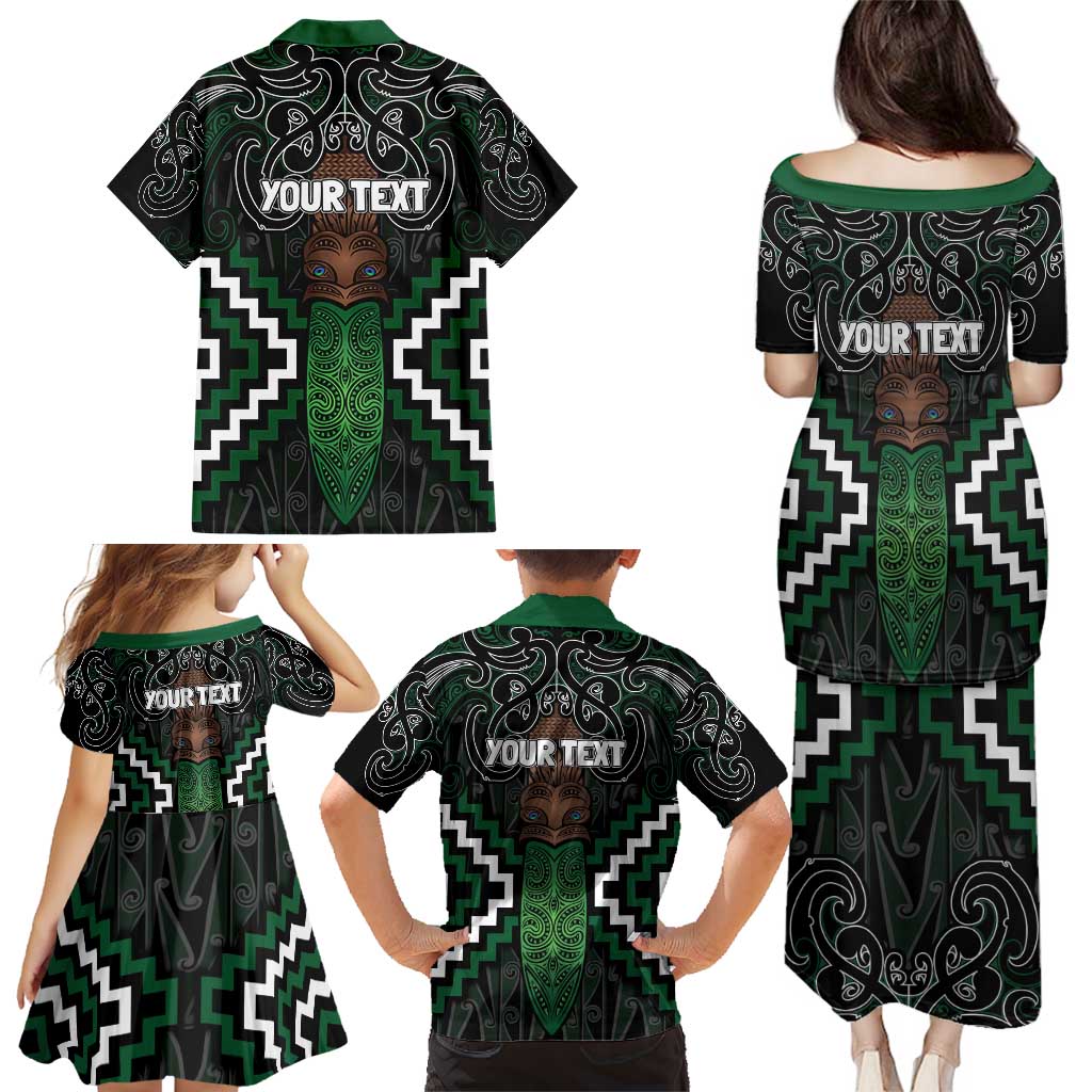 Maori Taiaha Pounamu Whakairo Personalized Family Matching Puletasi and Hawaiian Shirt Jade Poutama Motifs