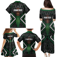 Maori Taiaha Pounamu Whakairo Personalized Family Matching Puletasi and Hawaiian Shirt Jade Poutama Motifs