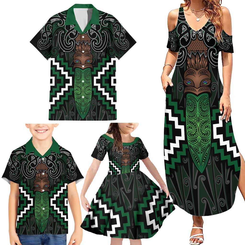 Maori Taiaha Pounamu Whakairo Personalized Family Matching Summer Maxi Dress and Hawaiian Shirt Jade Poutama Motifs