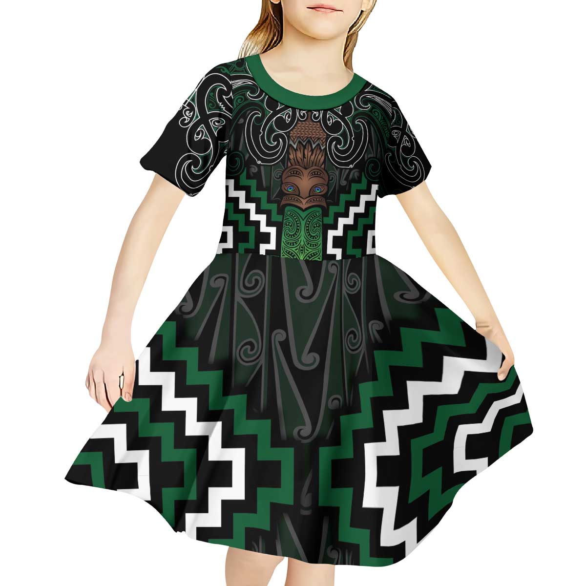 Maori Taiaha Pounamu Whakairo Personalized Kid Short Sleeve Dress Jade Poutama Motifs