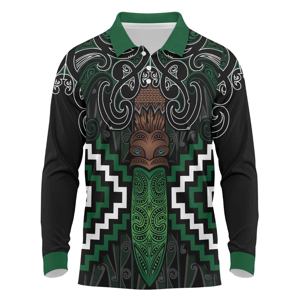 Maori Taiaha Pounamu Whakairo Personalized Long Sleeve Polo Shirt Jade Poutama Motifs