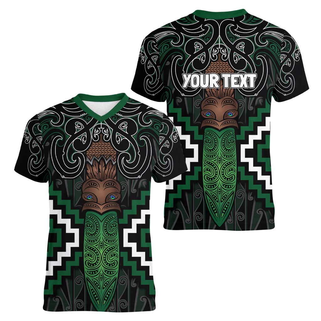 Maori Taiaha Pounamu Whakairo Personalized Women V-Neck T-Shirt Jade Poutama Motifs