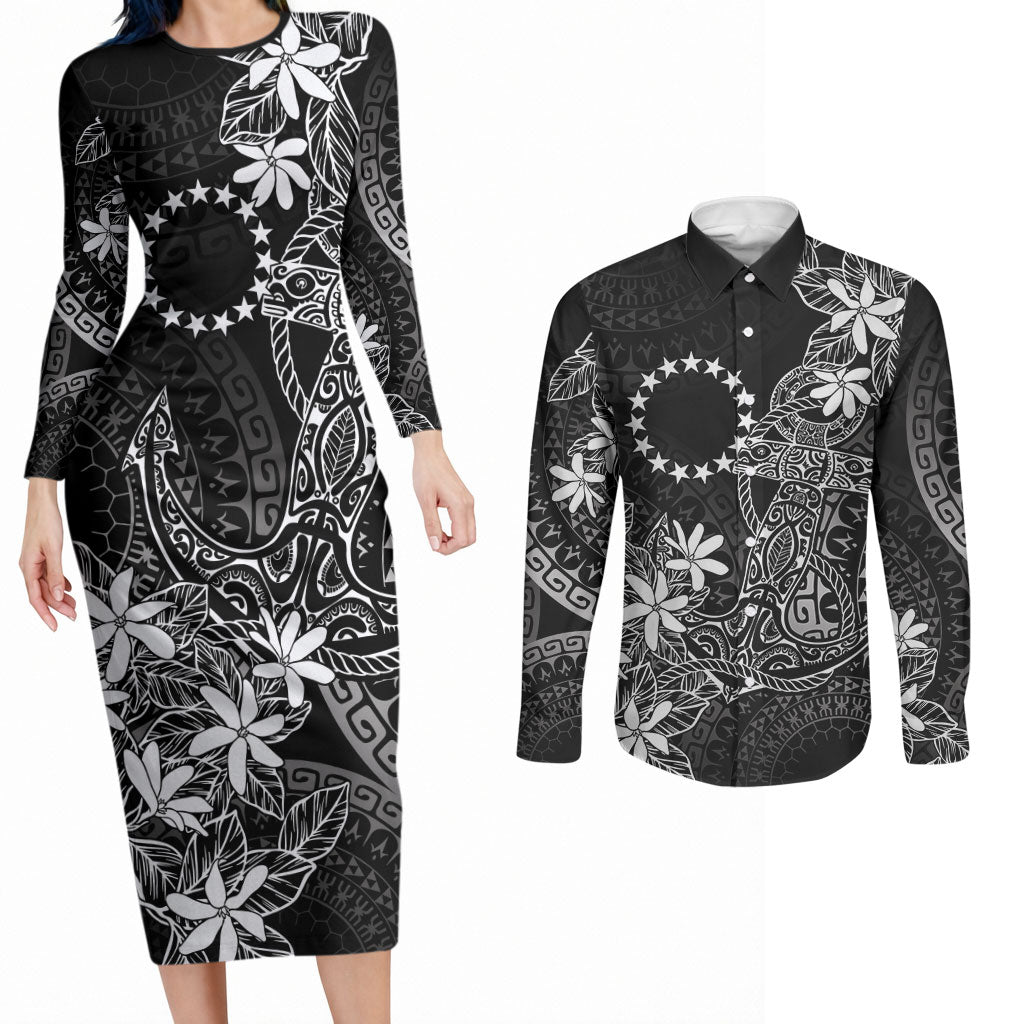 Black Kuki Airani Tapakau Couples Matching Long Sleeve Bodycon Dress and Long Sleeve Button Shirt Tribal Anchor Mix Tiare LT7 Black - Polynesian Pride