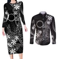 Black Kuki Airani Tapakau Couples Matching Long Sleeve Bodycon Dress and Long Sleeve Button Shirt Tribal Anchor Mix Tiare