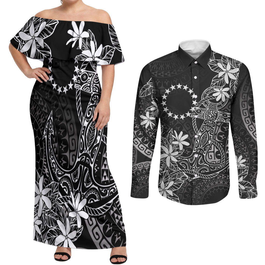 Black Kuki Airani Tapakau Couples Matching Off Shoulder Maxi Dress and Long Sleeve Button Shirt Tribal Anchor Mix Tiare LT7 Black - Polynesian Pride