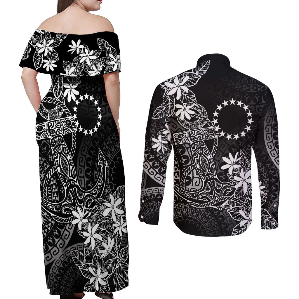 Black Kuki Airani Tapakau Couples Matching Off Shoulder Maxi Dress and Long Sleeve Button Shirt Tribal Anchor Mix Tiare