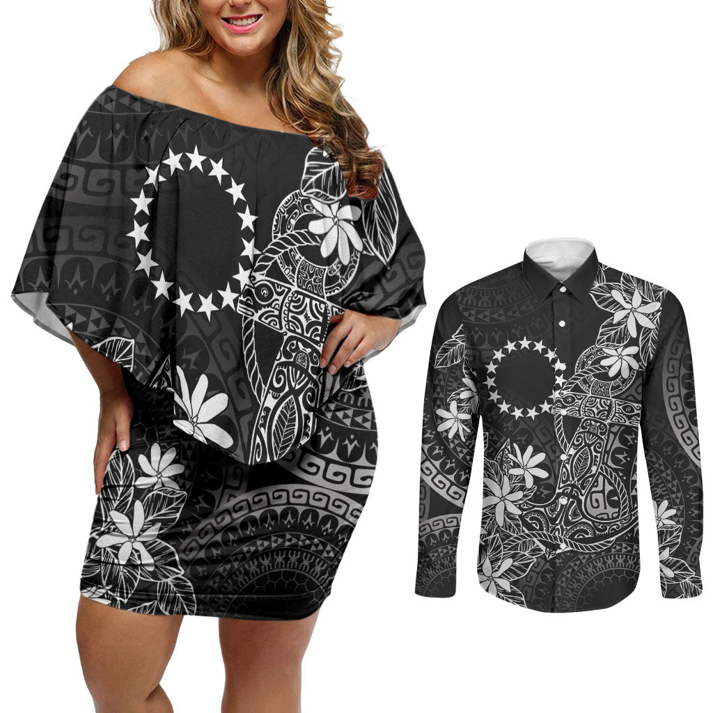 Black Kuki Airani Tapakau Couples Matching Off Shoulder Short Dress and Long Sleeve Button Shirt Tribal Anchor Mix Tiare LT7 Black - Polynesian Pride