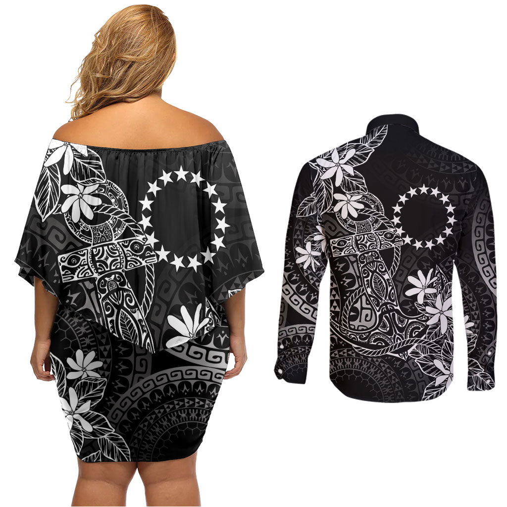 Black Kuki Airani Tapakau Couples Matching Off Shoulder Short Dress and Long Sleeve Button Shirt Tribal Anchor Mix Tiare
