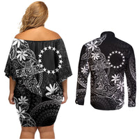 Black Kuki Airani Tapakau Couples Matching Off Shoulder Short Dress and Long Sleeve Button Shirt Tribal Anchor Mix Tiare