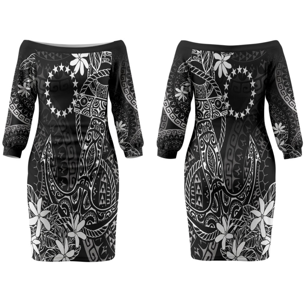 Black Kuki Airani Tapakau Couples Matching Off The Shoulder Long Sleeve Dress and Long Sleeve Button Shirt Tribal Anchor Mix Tiare LT7 - Polynesian Pride