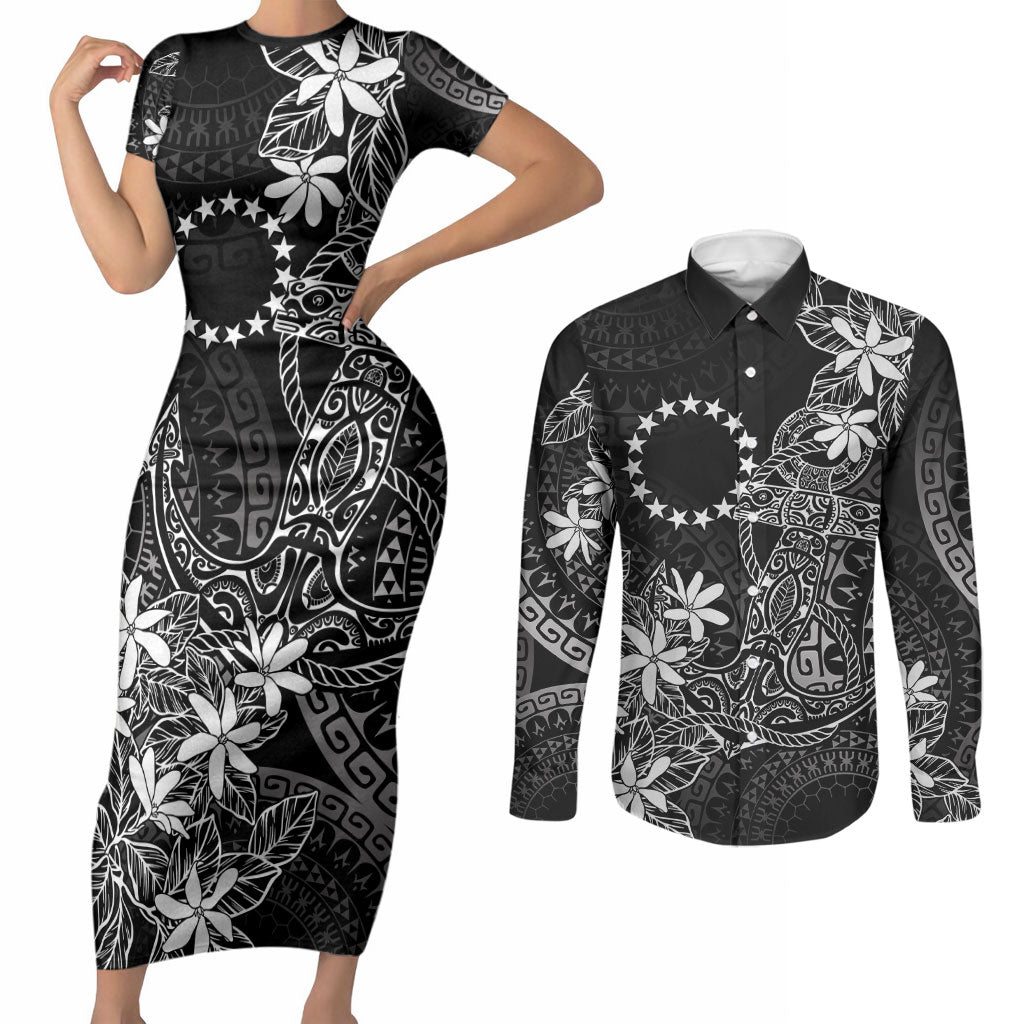 Black Kuki Airani Tapakau Couples Matching Short Sleeve Bodycon Dress and Long Sleeve Button Shirt Tribal Anchor Mix Tiare LT7 Black - Polynesian Pride