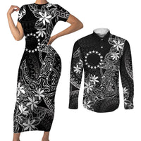 Black Kuki Airani Tapakau Couples Matching Short Sleeve Bodycon Dress and Long Sleeve Button Shirt Tribal Anchor Mix Tiare