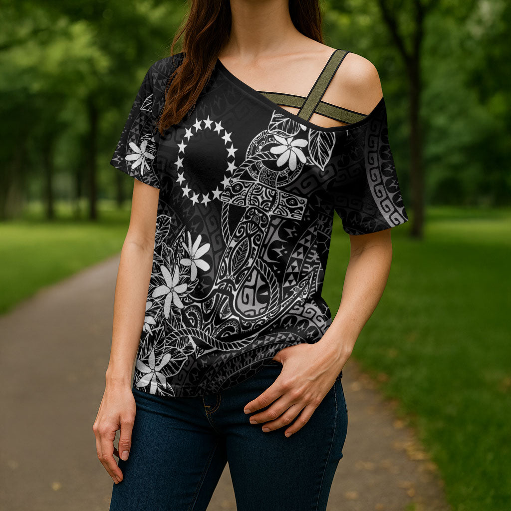 Black Kuki Airani Tapakau Cross Shoulder Shirt Tribal Anchor Mix Tiare