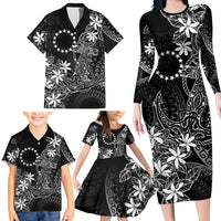 Black Kuki Airani Tapakau Family Matching Long Sleeve Bodycon Dress and Hawaiian Shirt Tribal Anchor Mix Tiare