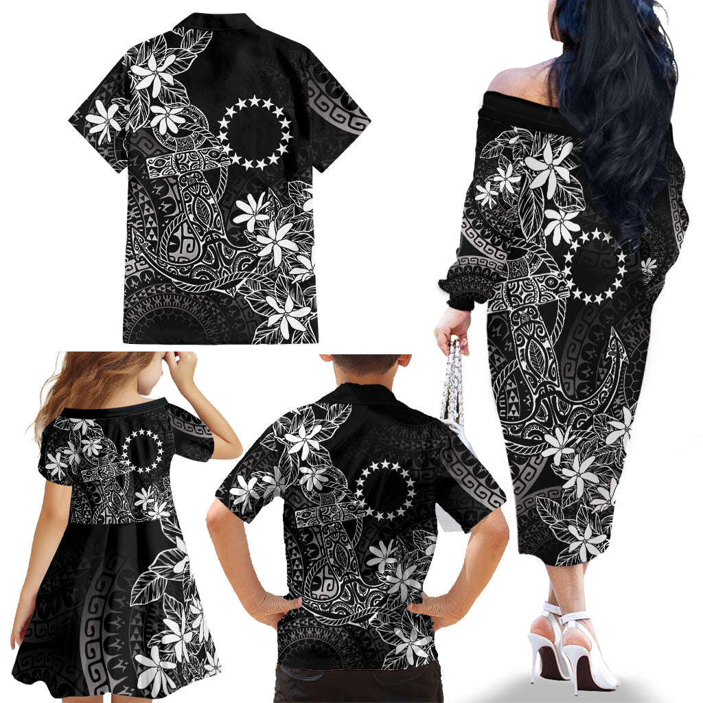 Black Kuki Airani Tapakau Family Matching Off The Shoulder Long Sleeve Dress and Hawaiian Shirt Tribal Anchor Mix Tiare