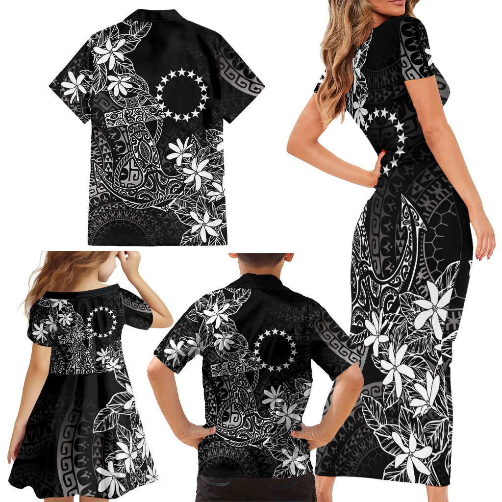 Black Kuki Airani Tapakau Family Matching Short Sleeve Bodycon Dress and Hawaiian Shirt Tribal Anchor Mix Tiare