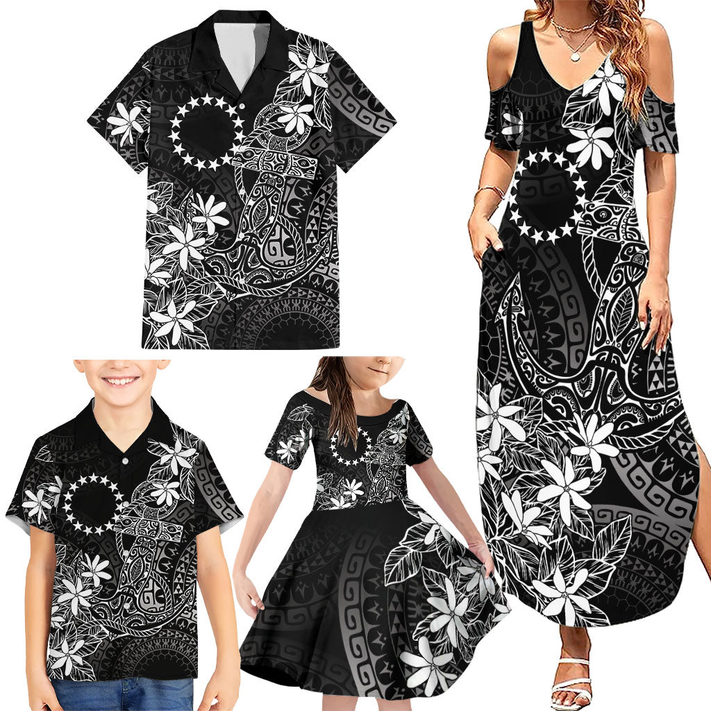 Black Kuki Airani Tapakau Family Matching Summer Maxi Dress and Hawaiian Shirt Tribal Anchor Mix Tiare
