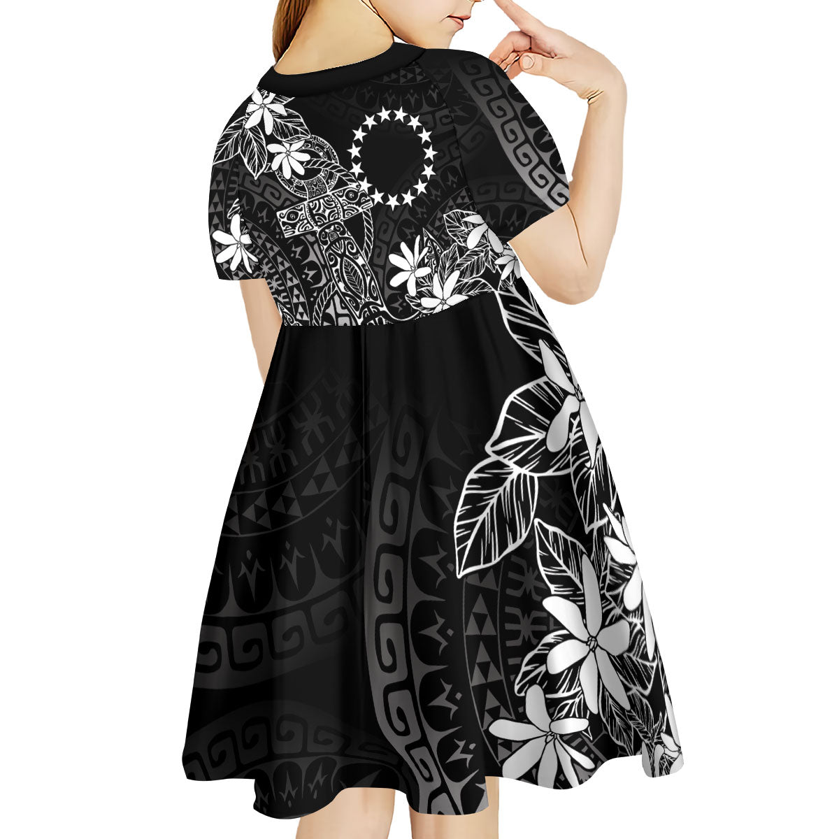 Black Kuki Airani Tapakau Kid Short Sleeve Dress Tribal Anchor Mix Tiare