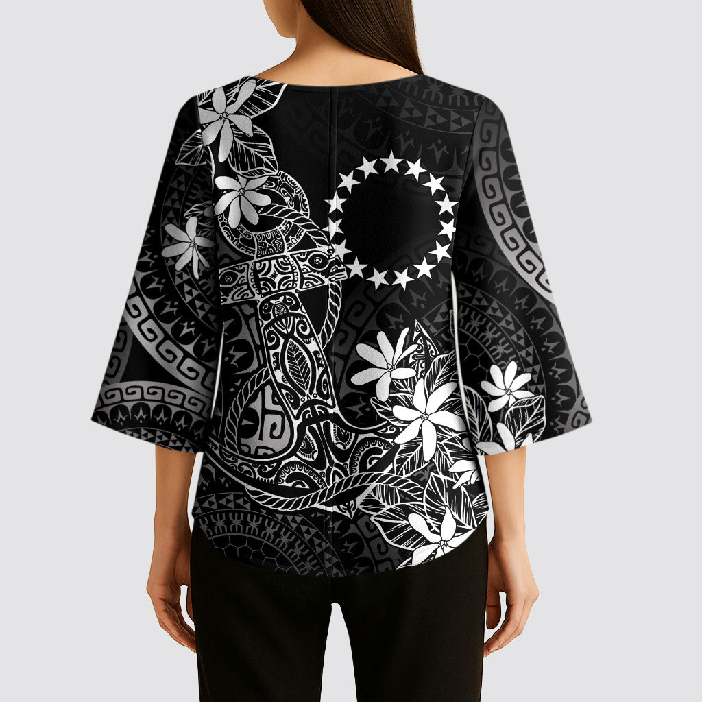 Black Kuki Airani Tapakau Kimono Sleeve Blouse Tribal Anchor Mix Tiare