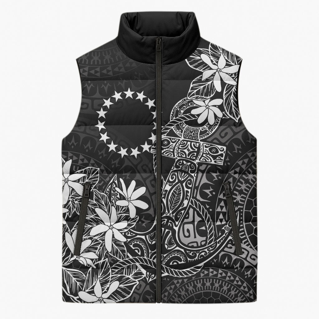 Black Kuki Airani Tapakau Sleeveless Puffer Jacket Tribal Anchor Mix Tiare