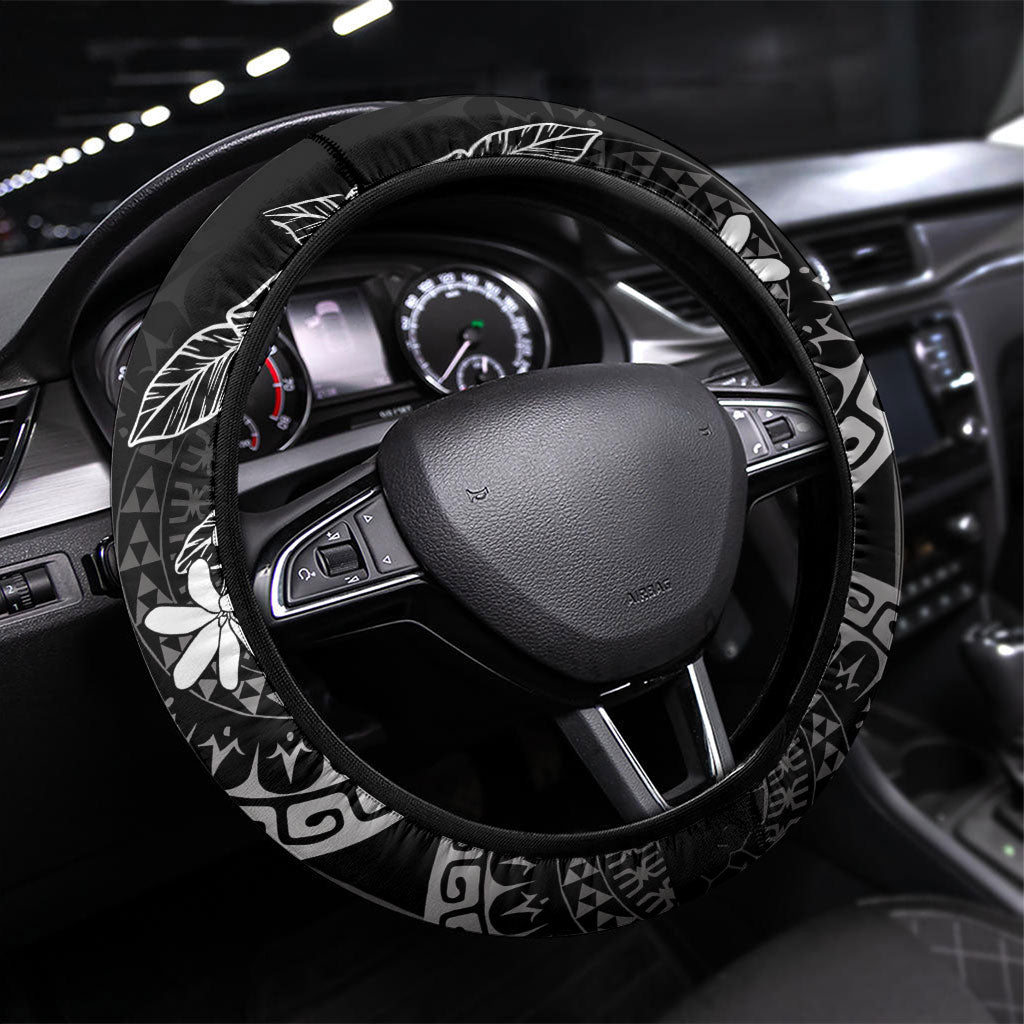 Black Kuki Airani Tapakau Steering Wheel Cover Tribal Anchor Mix Tiare