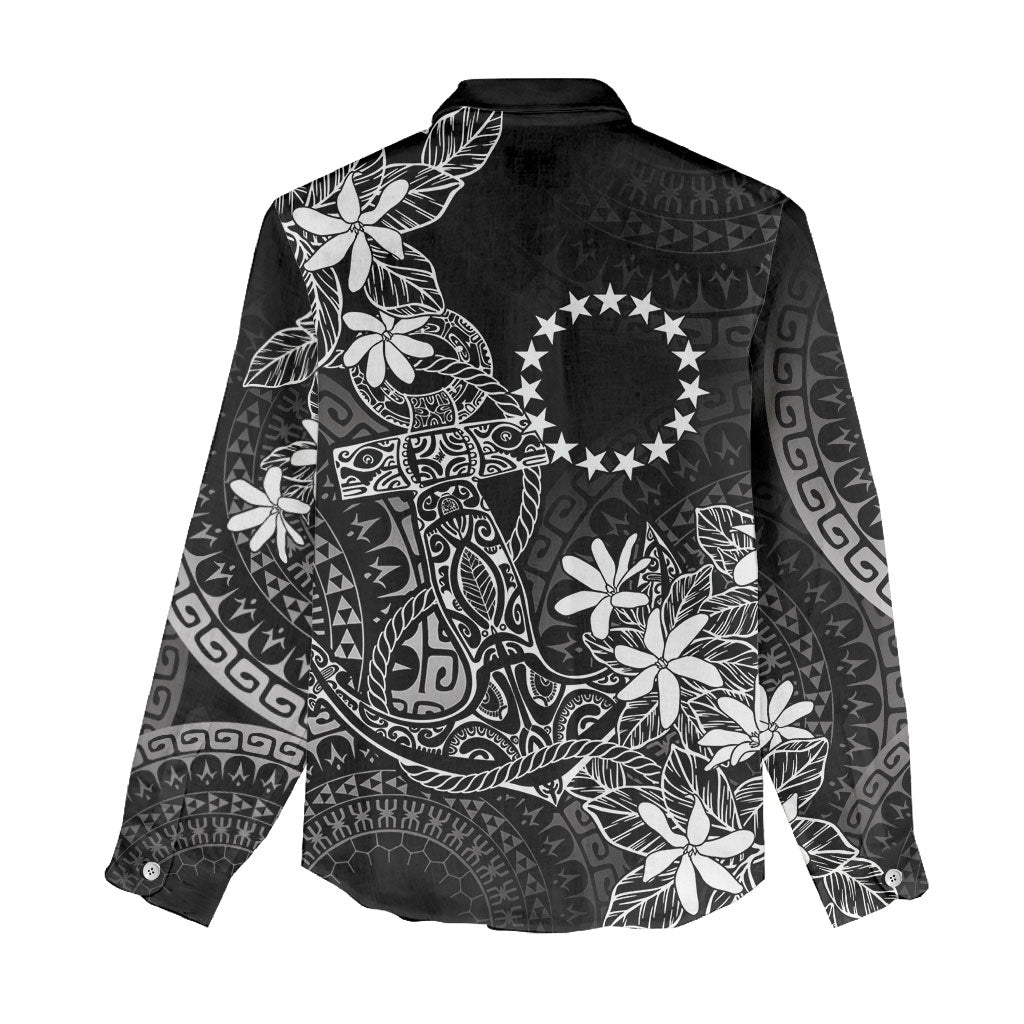 Black Kuki Airani Tapakau Women Casual Shirt Tribal Anchor Mix Tiare