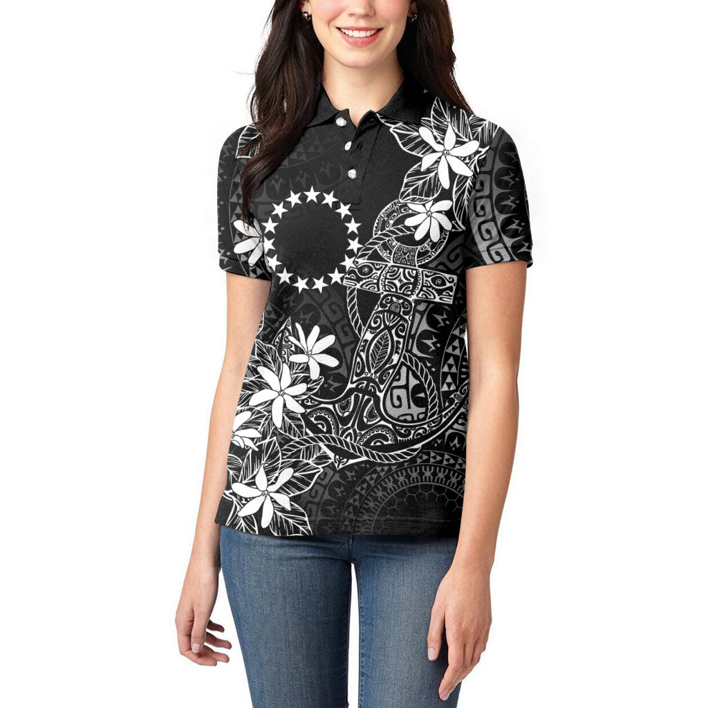 Black Kuki Airani Tapakau Women Polo Shirt Tribal Anchor Mix Tiare