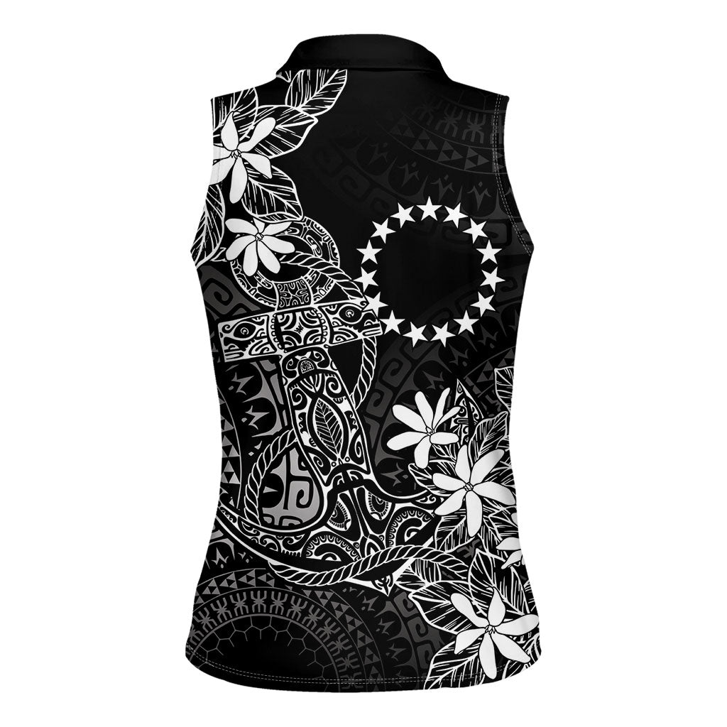 Black Kuki Airani Tapakau Women Sleeveless Polo Shirt Tribal Anchor Mix Tiare
