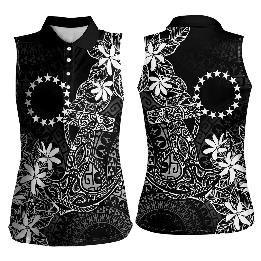 Black Kuki Airani Tapakau Women Sleeveless Polo Shirt Tribal Anchor Mix Tiare