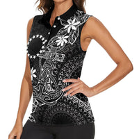 Black Kuki Airani Tapakau Women Sleeveless Polo Shirt Tribal Anchor Mix Tiare
