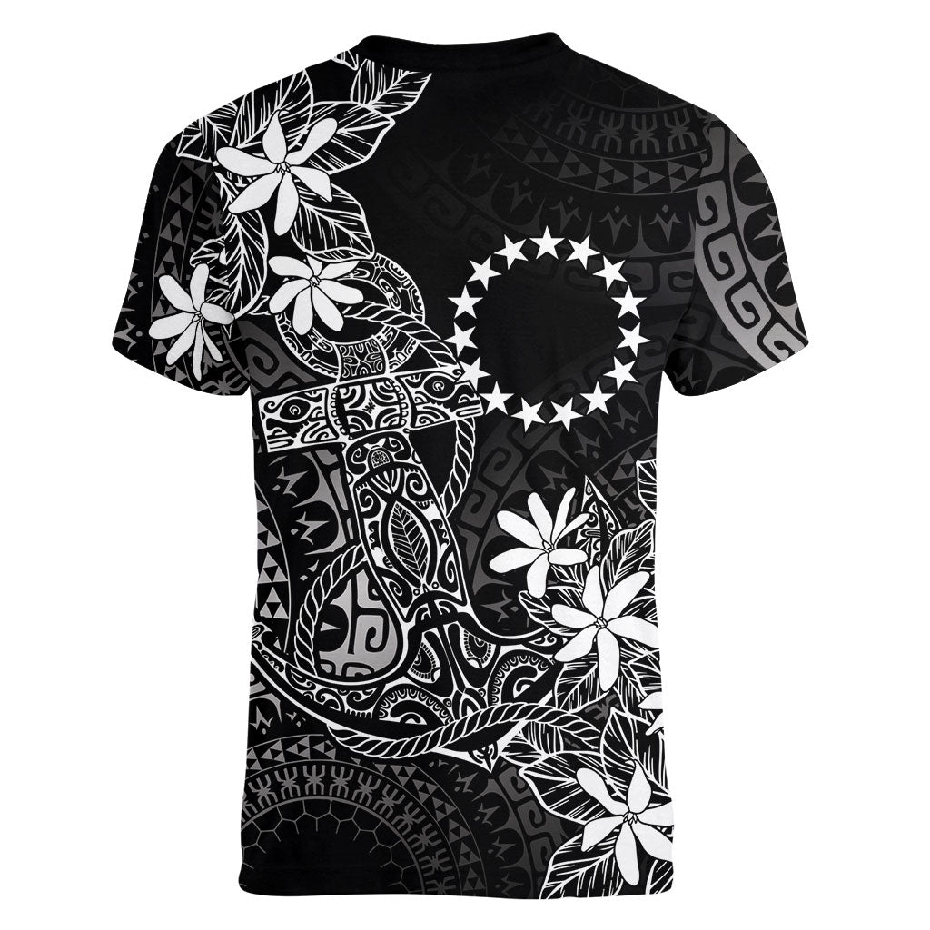 Black Kuki Airani Tapakau Women V-Neck T-Shirt Tribal Anchor Mix Tiare