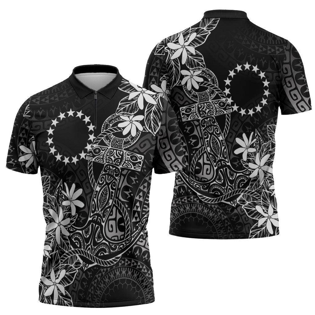 Black Kuki Airani Tapakau Zipper Polo Shirt Tribal Anchor Mix Tiare