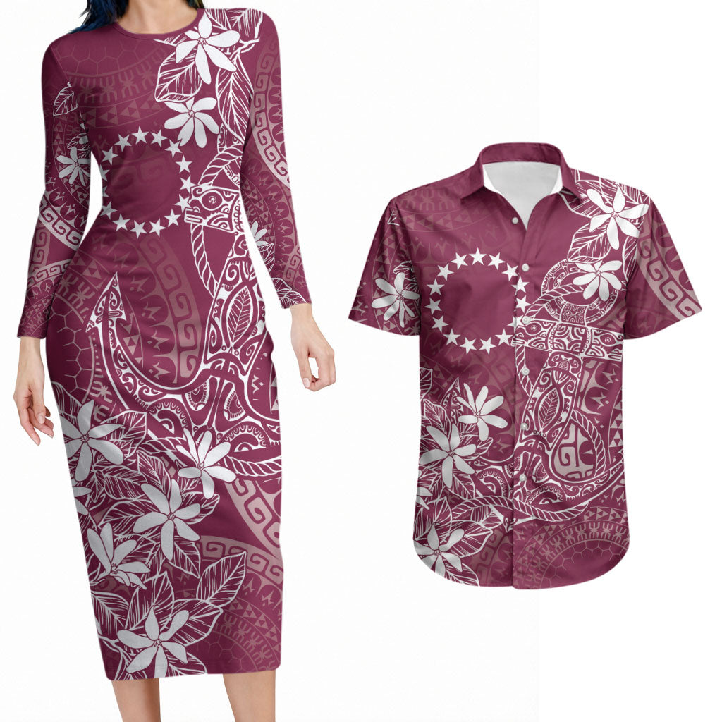 Maroon Kuki Airani Tapakau Couples Matching Long Sleeve Bodycon Dress and Hawaiian Shirt Tribal Anchor Mix Tiare LT7 Maroon - Polynesian Pride