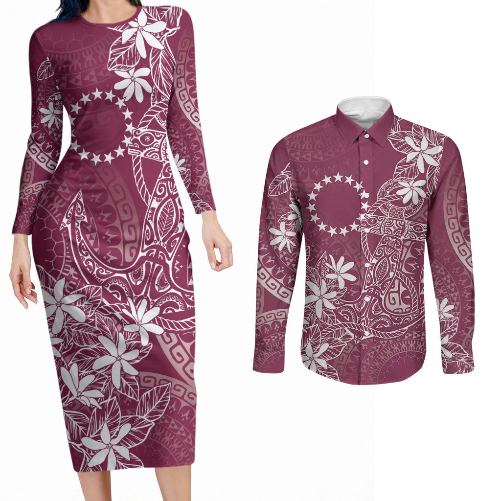 Maroon Kuki Airani Tapakau Couples Matching Long Sleeve Bodycon Dress and Long Sleeve Button Shirt Tribal Anchor Mix Tiare LT7 Maroon - Polynesian Pride