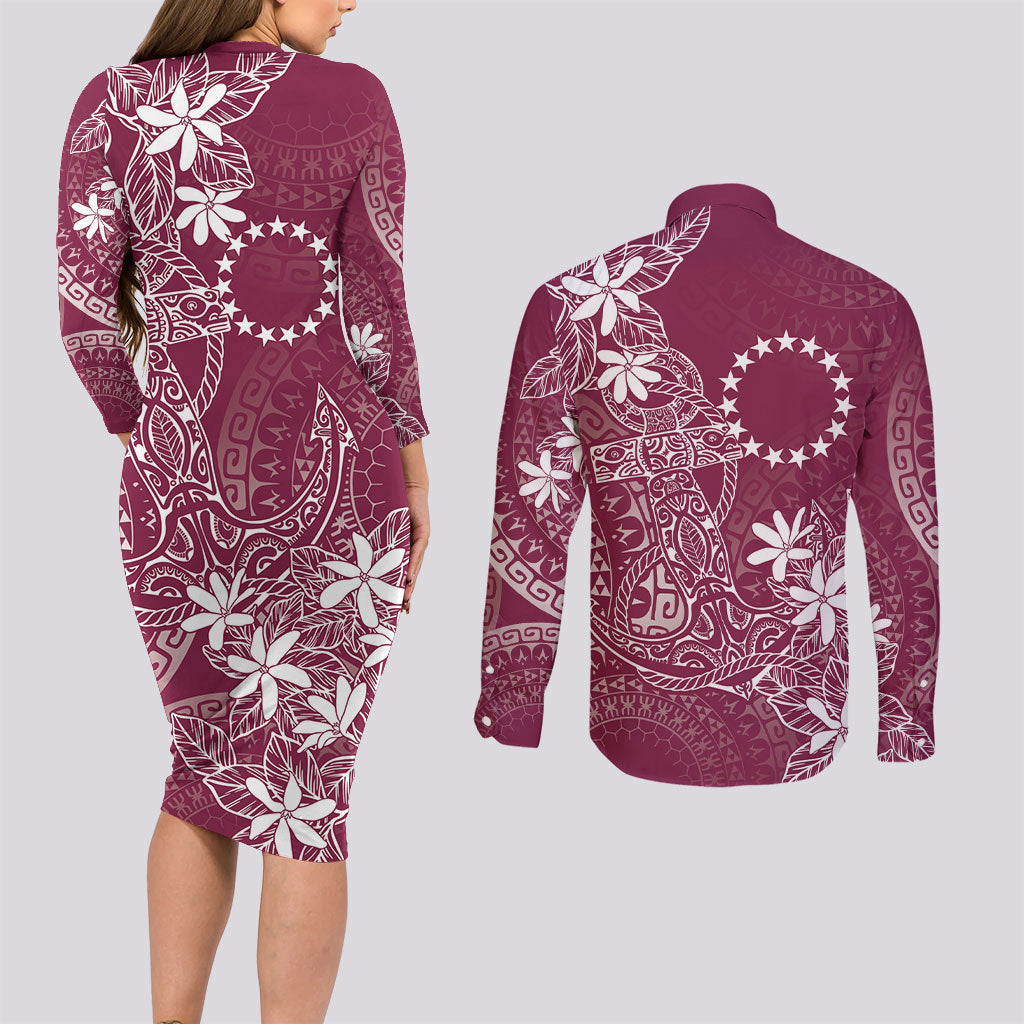 Maroon Kuki Airani Tapakau Couples Matching Long Sleeve Bodycon Dress and Long Sleeve Button Shirt Tribal Anchor Mix Tiare