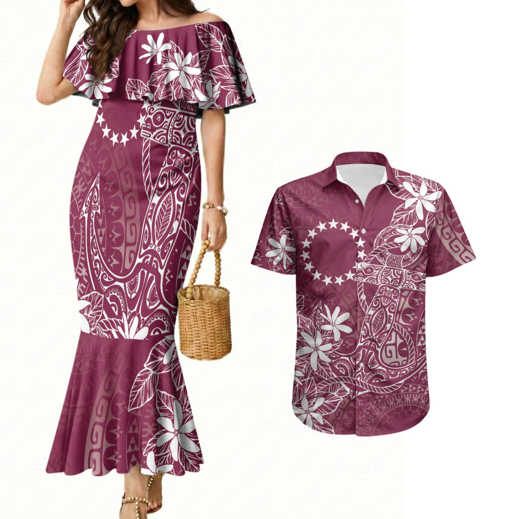 Maroon Kuki Airani Tapakau Couples Matching Mermaid Dress and Hawaiian Shirt Tribal Anchor Mix Tiare LT7 Maroon - Polynesian Pride
