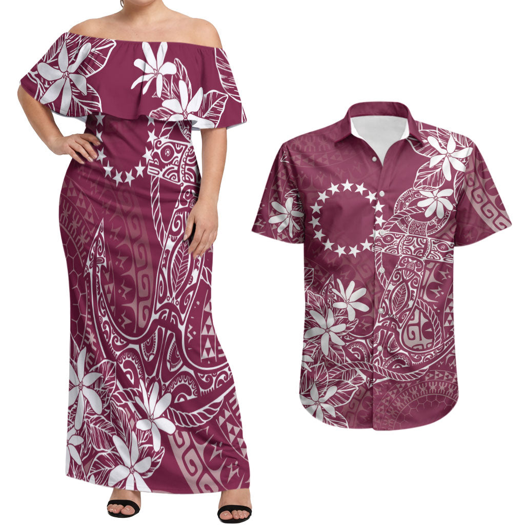 Maroon Kuki Airani Tapakau Couples Matching Off Shoulder Maxi Dress and Hawaiian Shirt Tribal Anchor Mix Tiare LT7 Maroon - Polynesian Pride