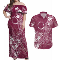 Maroon Kuki Airani Tapakau Couples Matching Off Shoulder Maxi Dress and Hawaiian Shirt Tribal Anchor Mix Tiare