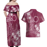 Maroon Kuki Airani Tapakau Couples Matching Off Shoulder Maxi Dress and Hawaiian Shirt Tribal Anchor Mix Tiare