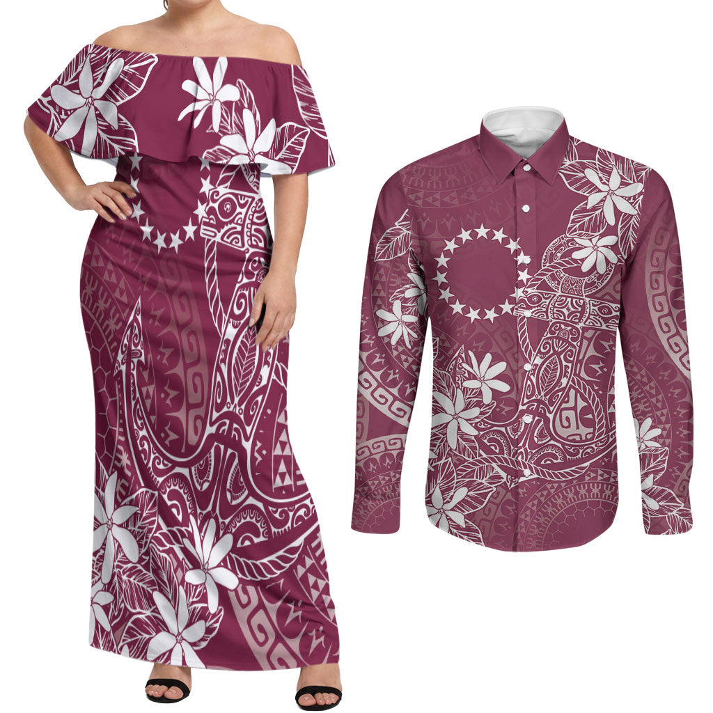 Maroon Kuki Airani Tapakau Couples Matching Off Shoulder Maxi Dress and Long Sleeve Button Shirt Tribal Anchor Mix Tiare LT7 Maroon - Polynesian Pride