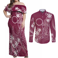 Maroon Kuki Airani Tapakau Couples Matching Off Shoulder Maxi Dress and Long Sleeve Button Shirt Tribal Anchor Mix Tiare