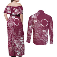 Maroon Kuki Airani Tapakau Couples Matching Off Shoulder Maxi Dress and Long Sleeve Button Shirt Tribal Anchor Mix Tiare