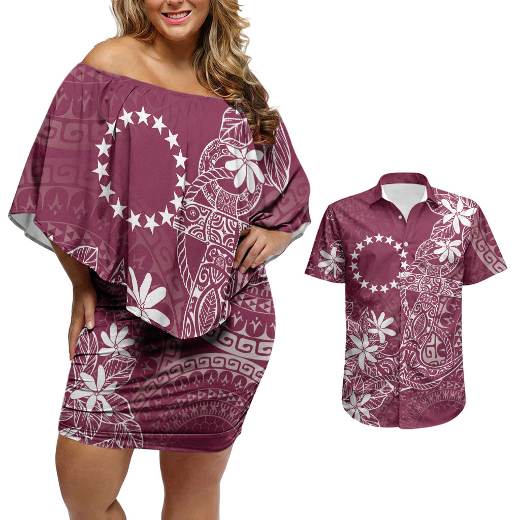 Maroon Kuki Airani Tapakau Couples Matching Off Shoulder Short Dress and Hawaiian Shirt Tribal Anchor Mix Tiare LT7 Maroon - Polynesian Pride