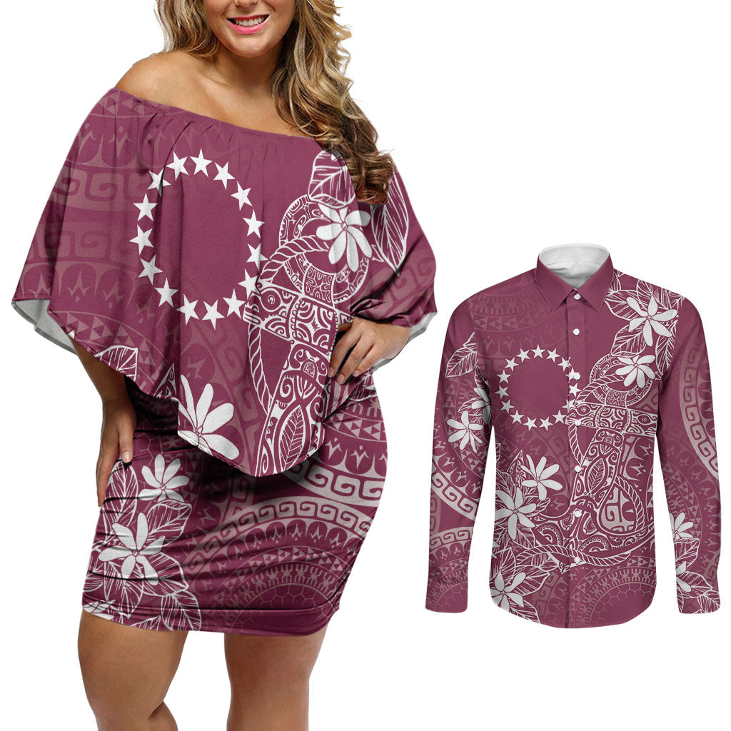 Maroon Kuki Airani Tapakau Couples Matching Off Shoulder Short Dress and Long Sleeve Button Shirt Tribal Anchor Mix Tiare LT7 Maroon - Polynesian Pride