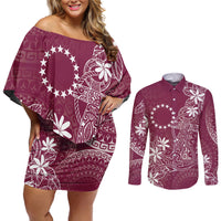 Maroon Kuki Airani Tapakau Couples Matching Off Shoulder Short Dress and Long Sleeve Button Shirt Tribal Anchor Mix Tiare