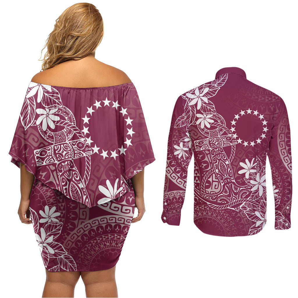 Maroon Kuki Airani Tapakau Couples Matching Off Shoulder Short Dress and Long Sleeve Button Shirt Tribal Anchor Mix Tiare