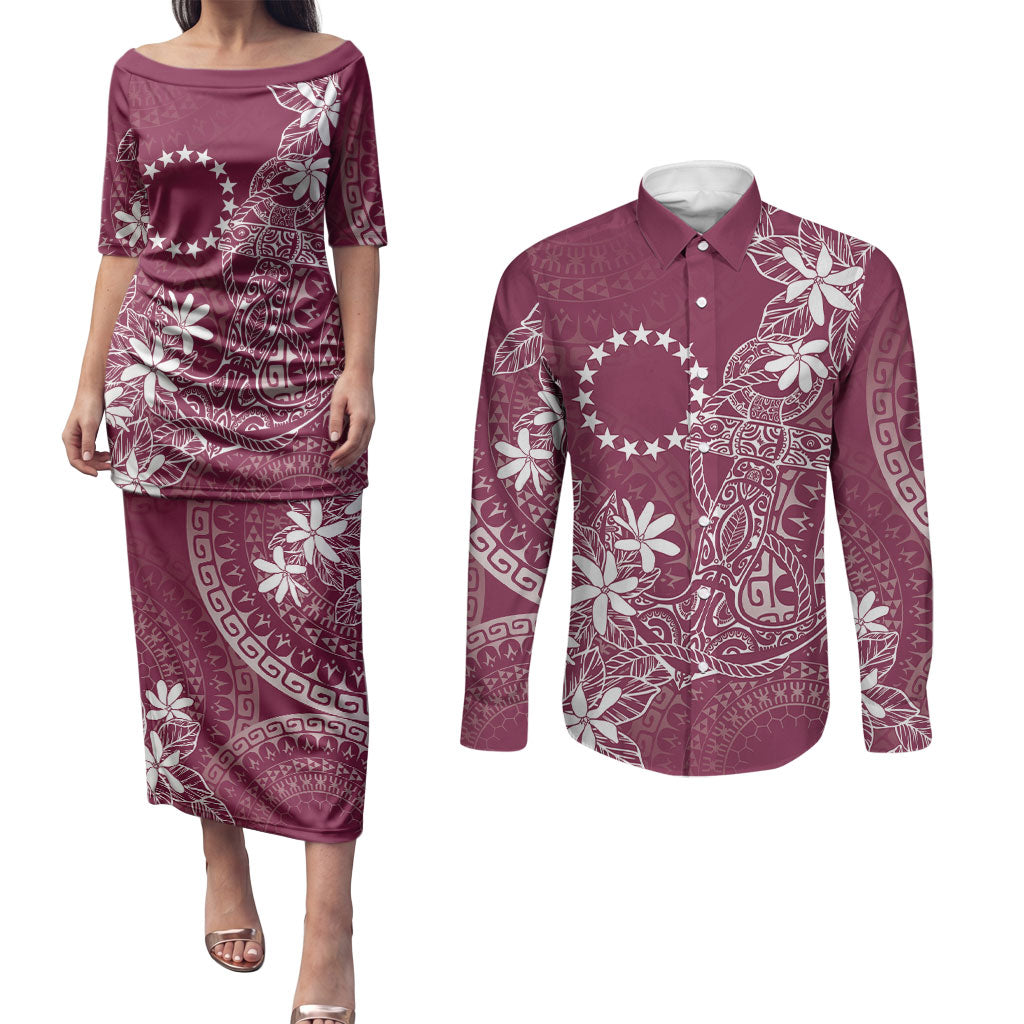 Maroon Kuki Airani Tapakau Couples Matching Puletasi and Long Sleeve Button Shirt Tribal Anchor Mix Tiare LT7 Maroon - Polynesian Pride
