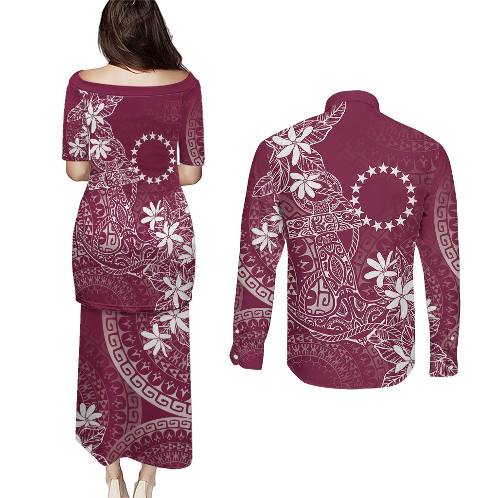 Maroon Kuki Airani Tapakau Couples Matching Puletasi and Long Sleeve Button Shirt Tribal Anchor Mix Tiare