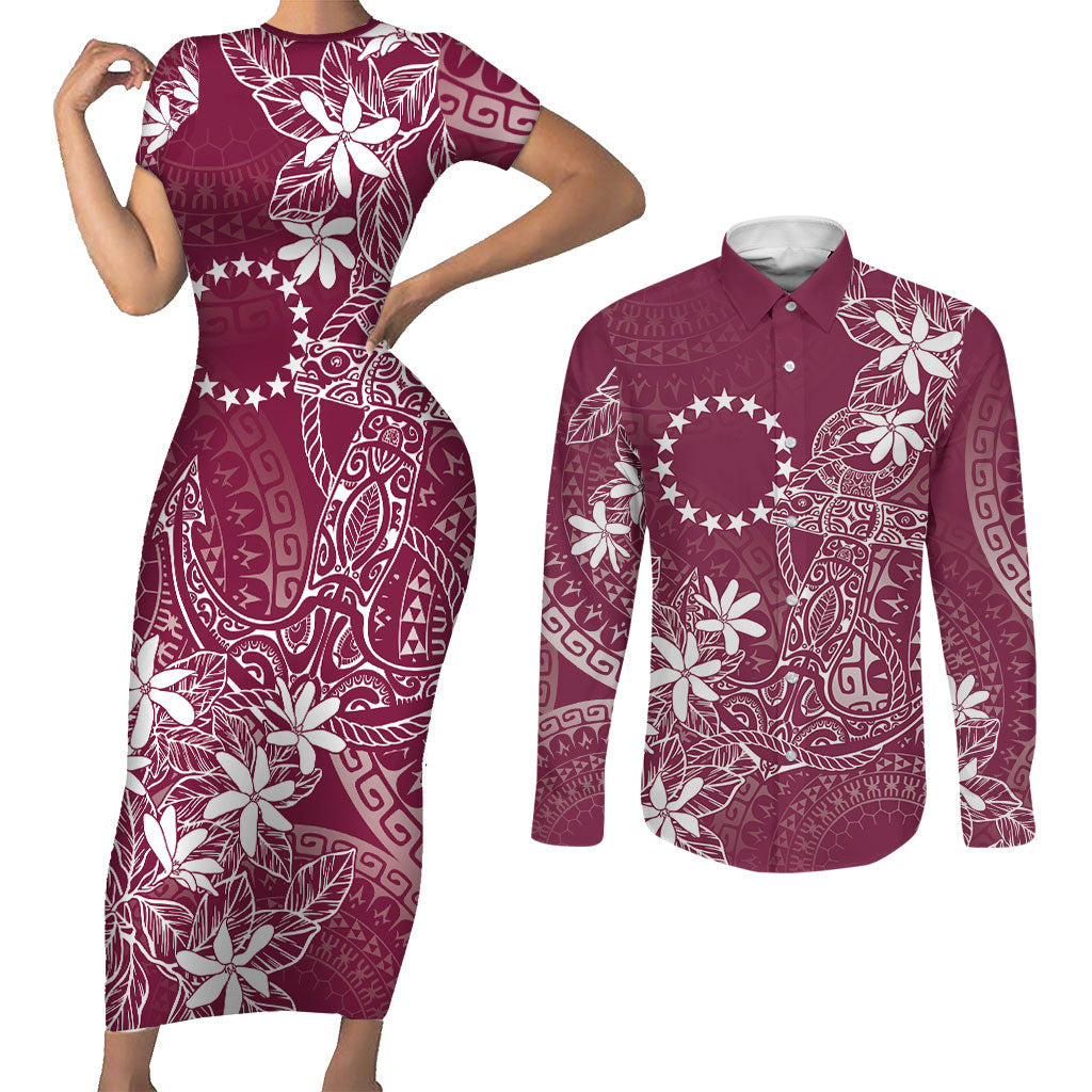 Maroon Kuki Airani Tapakau Couples Matching Short Sleeve Bodycon Dress and Long Sleeve Button Shirt Tribal Anchor Mix Tiare