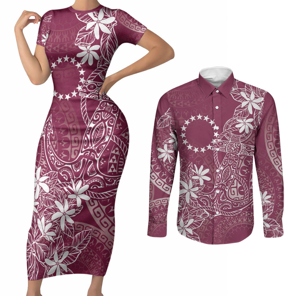 Maroon Kuki Airani Tapakau Couples Matching Short Sleeve Bodycon Dress and Long Sleeve Button Shirt Tribal Anchor Mix Tiare LT7 Maroon - Polynesian Pride